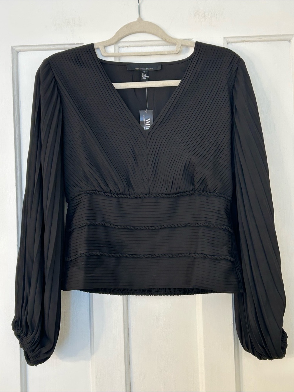 White House Black Market Black Pleated V-Neck Blouse